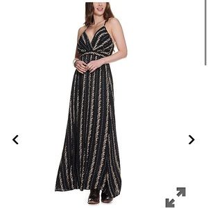 Angie Black with Taupe Floral Stripes Maxi Dress